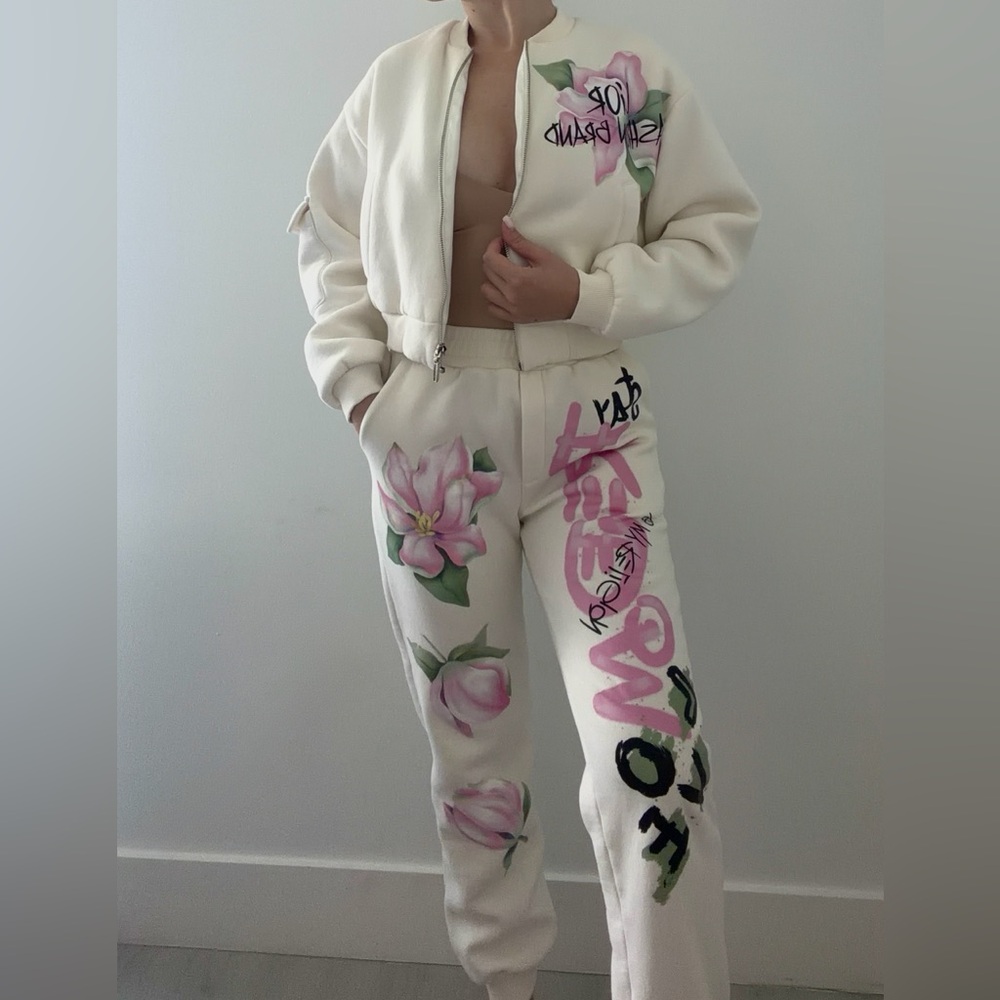LIOR White Floral Tracksuit Set XS – Bomber Jacket + Joggers